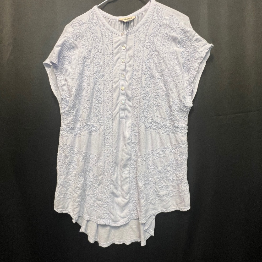 Lucky Brand Womens Blue Embroidered Henley Top Cap Sleeve Boho Blouse Large